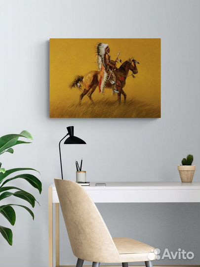 Картина оранжевая индеец на лошади 70 на 50