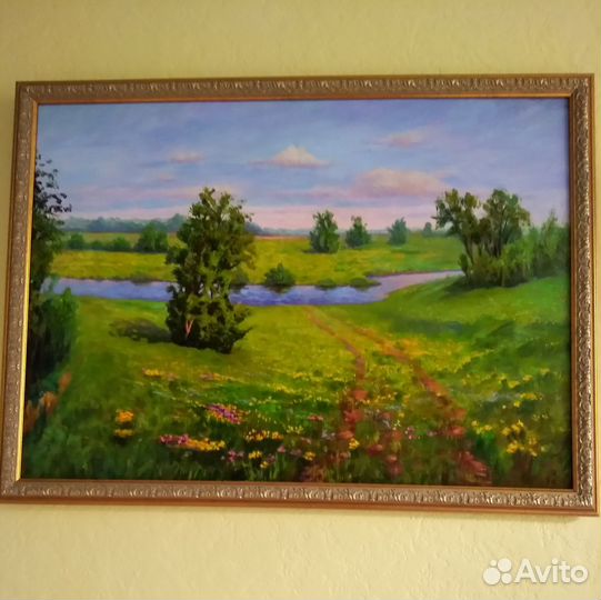 Лето, озеро, картина маслом на холсте