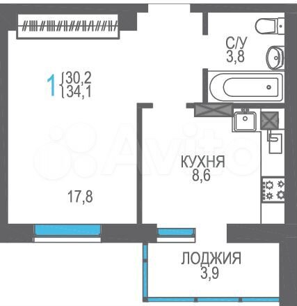 1-к. квартира, 34,1 м², 5/9 эт.