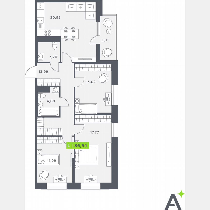 3-к. квартира, 86,5 м², 9/12 эт.