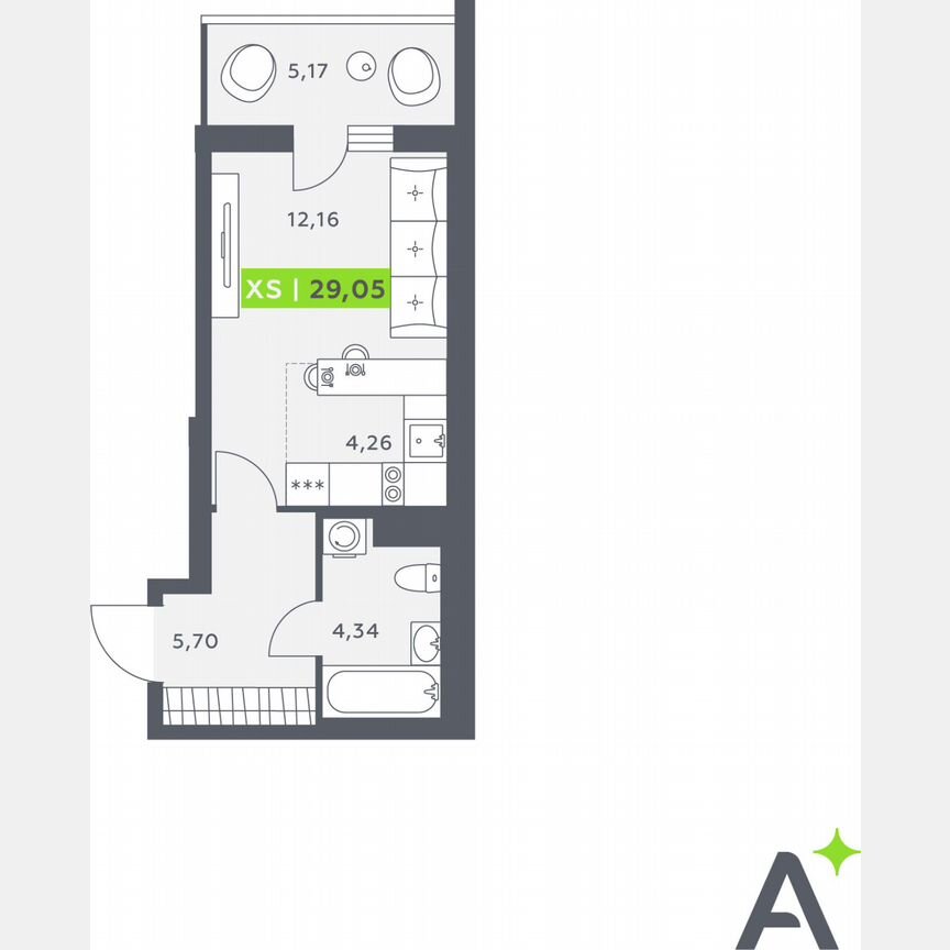 Квартира-студия, 29,1 м², 1/12 эт.