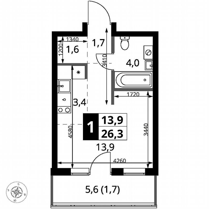 Квартира-студия, 26,3 м², 4/6 эт.