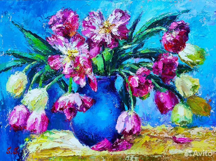 Картина маслом Тюльпаны букет цветов в вазе 40х30