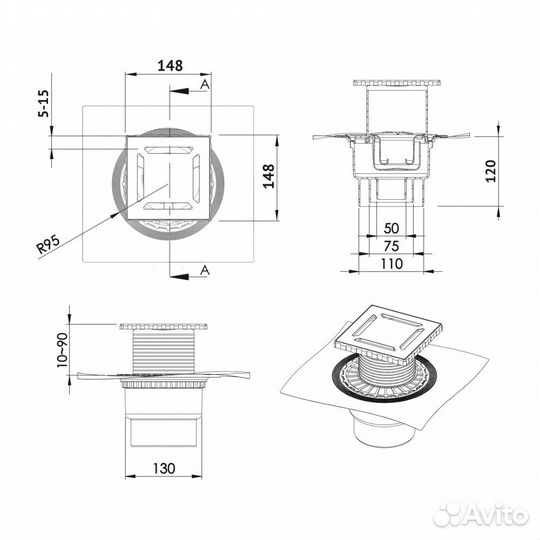 Душевой трап Berges Wasserhaus Zentrum Uno 150x15