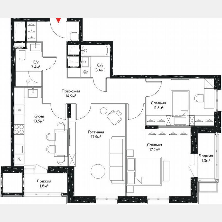 3-к. квартира, 84,5 м², 3/17 эт.