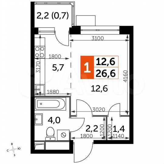 Квартира-студия, 26,6 м², 17/22 эт.