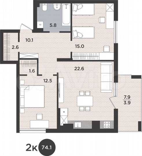 2-к. квартира, 74,1 м², 2/9 эт.