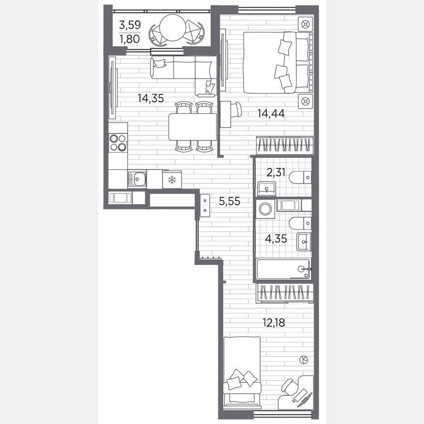 2-к. квартира, 55 м², 3/5 эт.