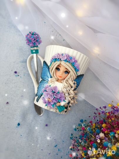 Кружечка и ложечка с декором из полимерной глины