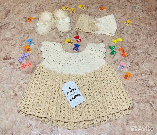 Детское платье, пинетки, повязка