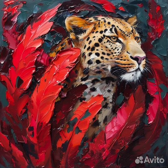 Картина маслом 3Д текстурная леопард в перьях Уют