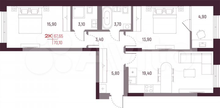 2-к. квартира, 67,7 м², 10/25 эт.
