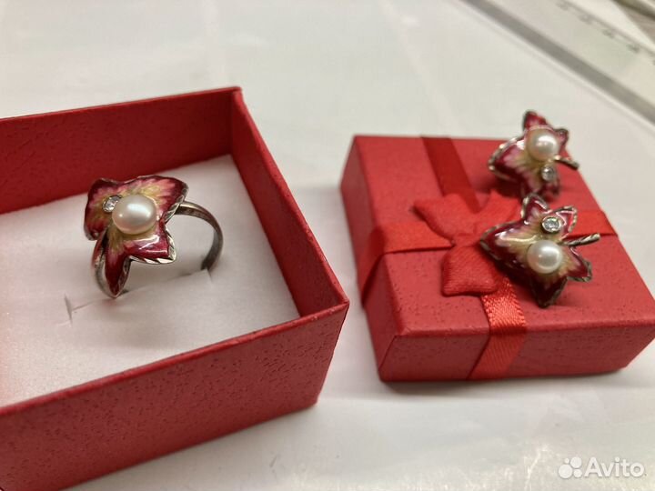 Кольцо + серьги из серебра с жемчугом