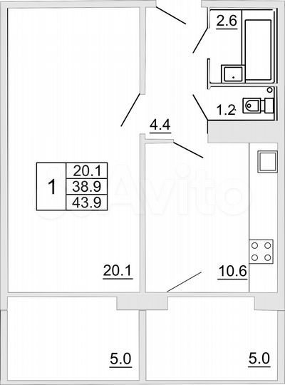 1-к. квартира, 43,9 м², 1/10 эт.