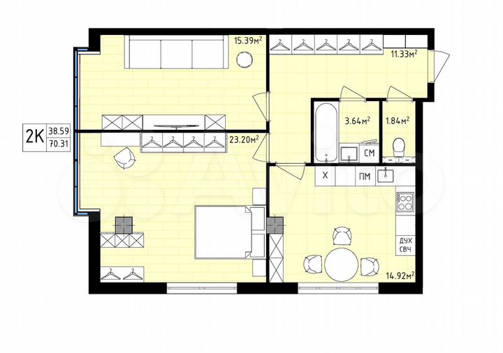 2-к. квартира, 70,3 м², 9/16 эт.