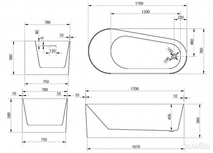 Акриловая ванна abber AB9496-1.7 R