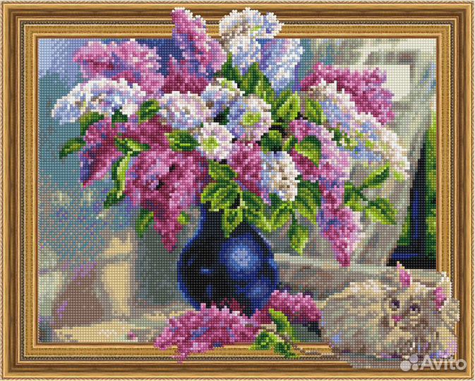 Алмазная мозаика 40*50см. Сирень и кошечка 3D эффе