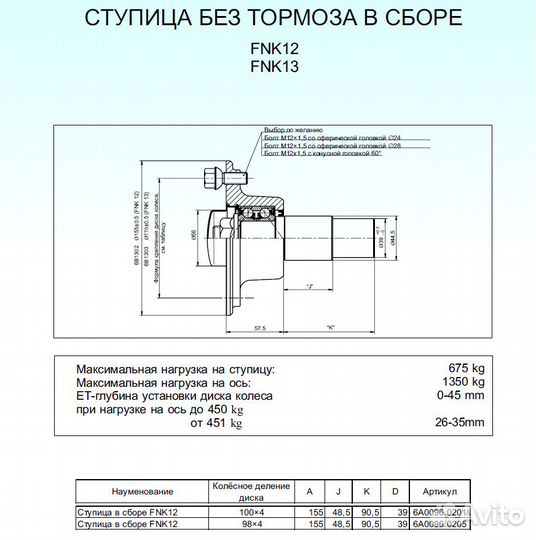 Ступица для прицепа кнотт 650кг, 112х5, Тип FNK12