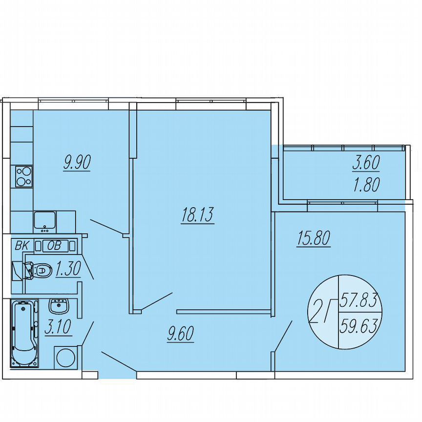 2-к. квартира, 59,6 м², 3/4 эт.
