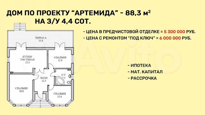 Дом 88,3 м² на участке 4,4 сот.