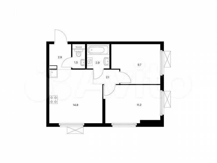 2-к. квартира, 45,1 м², 14/25 эт.