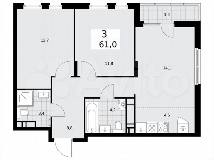 3-к. квартира, 61 м², 13/15 эт.
