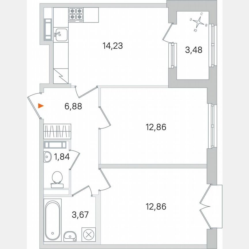 2-к. квартира, 54,1 м², 4/4 эт.