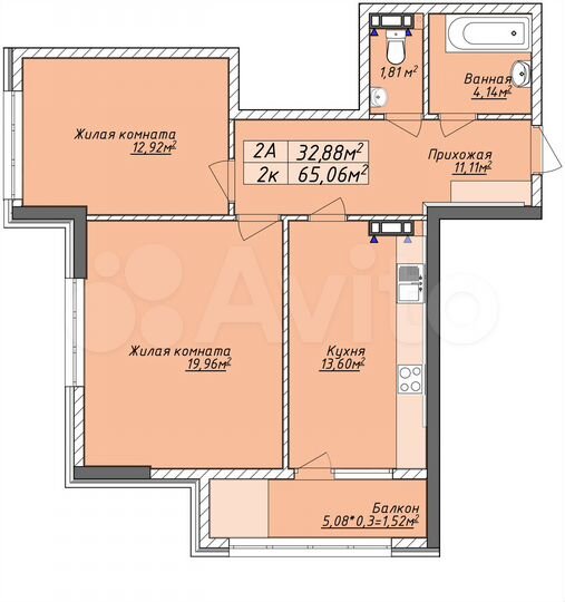 2-к. квартира, 65,1 м², 6/12 эт.
