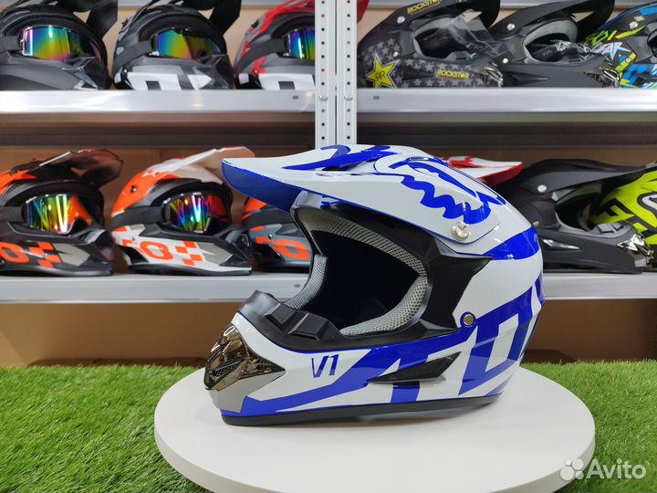 Шлем для мотоцикла-кроссовый FOX. Белый с синим