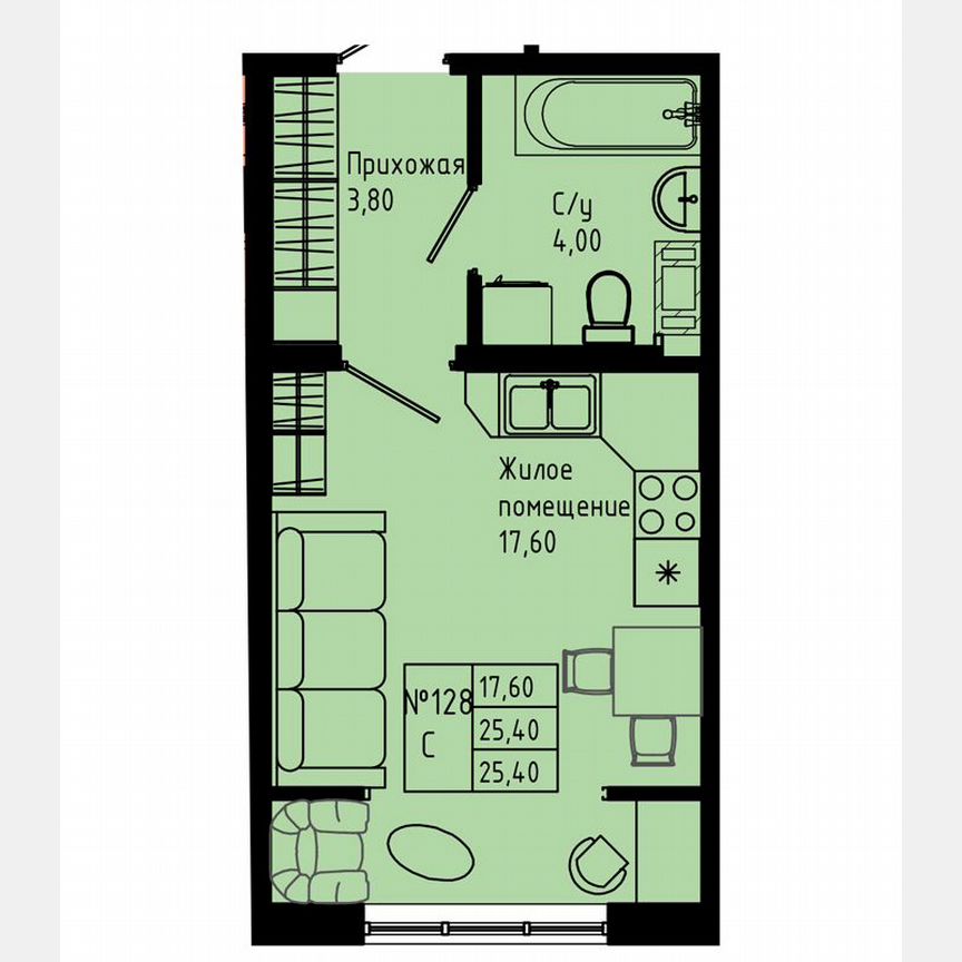 Квартира-студия, 25,4 м², 6/8 эт.