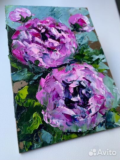 Картина маслом букет с пионами розовые розы