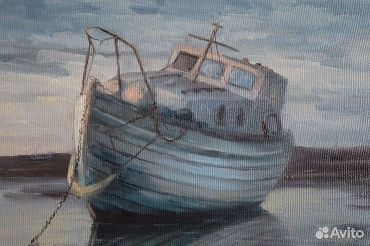 Картина маслом Морской пейзаж Баркас 30х40см