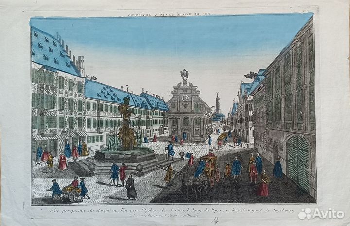 Большая Антикварная Гравюра вид Аугсбурга 1760