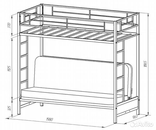 Двухъярусная металлическая кровать с диваном