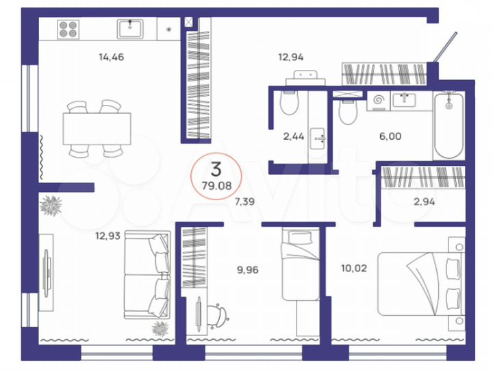 3-к. квартира, 79,1 м², 2/17 эт.