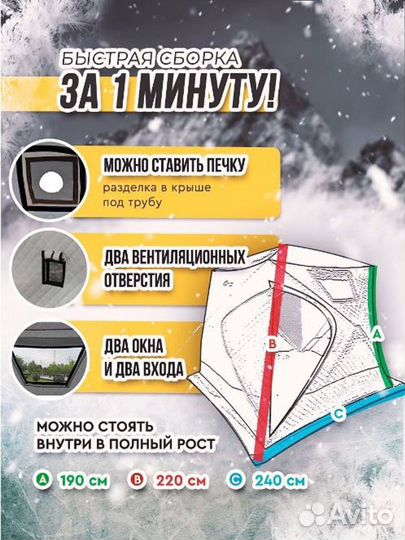 Палатка зимняя теплая 4 слоя, есть выход под трубу