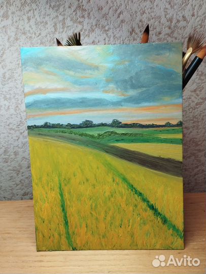 Картина поле маслом природа 15 на 21 см
