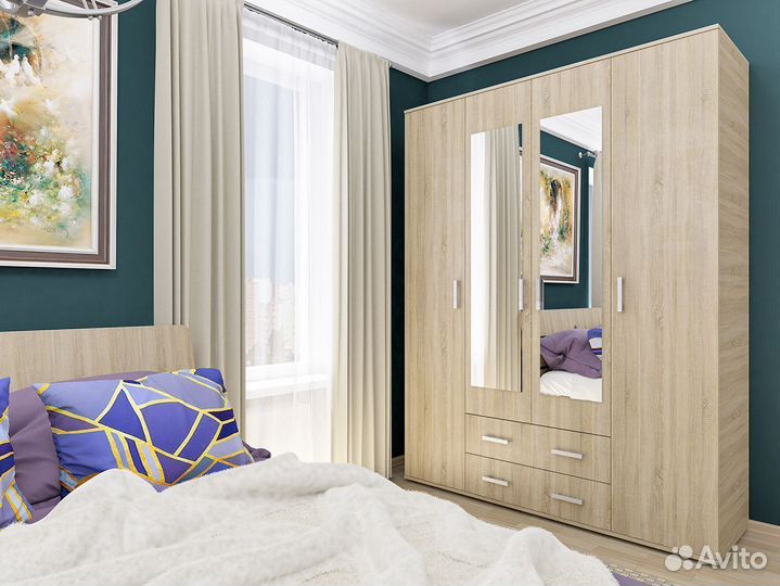 Шкаф 4-х дверный с ящиками и зеркалом шон-7