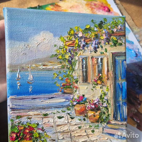 Картина маслом морской пейзаж миниатюра цветы море