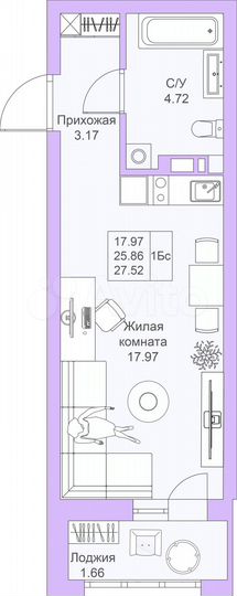 Квартира-студия, 27,5 м², 19/25 эт.