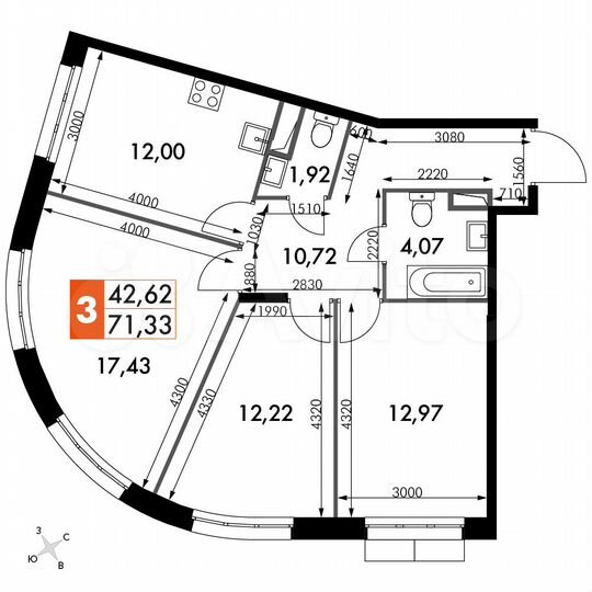 3-к. апартаменты, 71,3 м², 12/15 эт.
