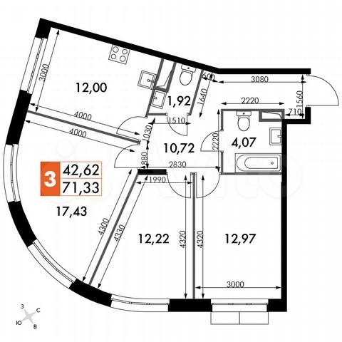 3-к. апартаменты, 71,3 м², 12/15 эт.