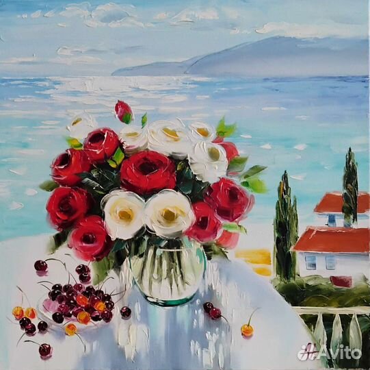 Картина холст масло 70*70 море розы утро