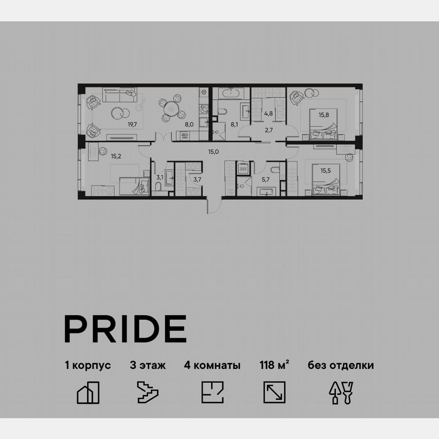 3-к. квартира, 118 м², 3/11 эт.