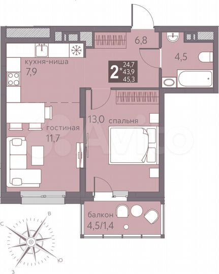 2-к. квартира, 45,3 м², 5/16 эт.