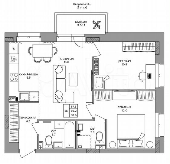 3-к. квартира, 57,3 м², 2/9 эт.