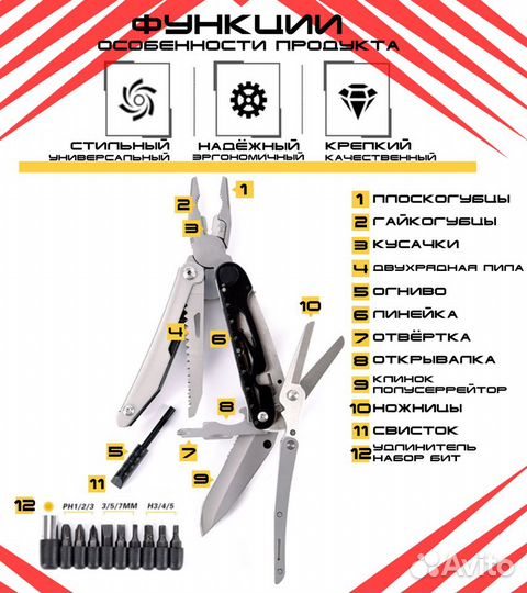 Мультитул тактический набор 12в1 Нож пассатижи