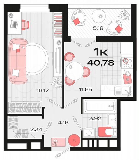1-к. квартира, 40,1 м², 12/14 эт.