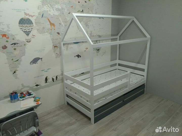 Кровать Домик массив берёзы белый