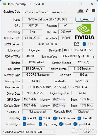 Gigabyte GTX 1060 OC 6G